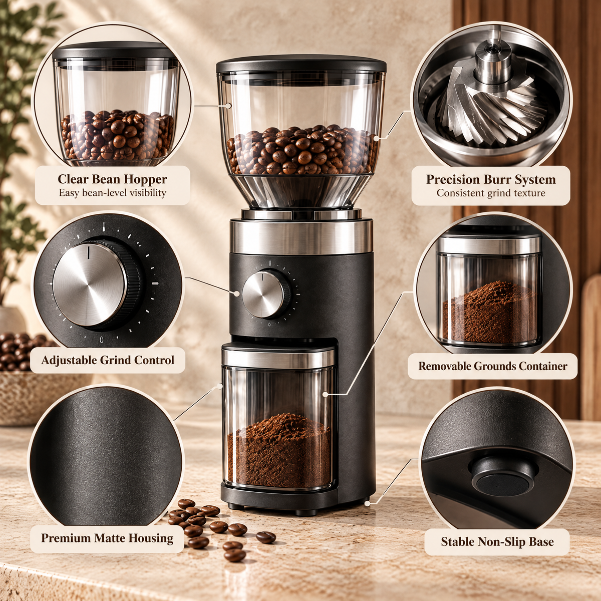 Velmorent™ Adjustable Burr Coffee Grinder